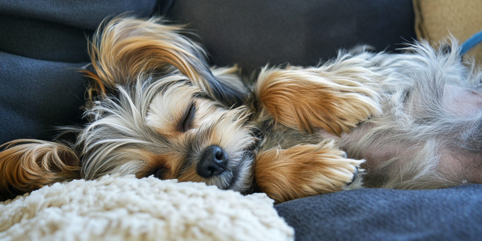 Erschöpft schlafender Yorkshire Terrier, eine der für Pankreatitis anfälligen Rassen